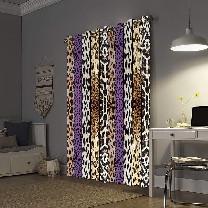 Wild Animal Print Curtain, Room Darkening Thermal Insulated Blackout Leopard Boa Window Drapes with Grommets for Living, Dining, Bedroom, Purple Leopard Print, 52"x 84", 2 Panels
