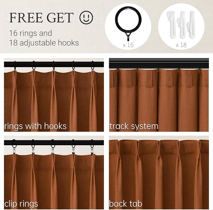 Pleated Linen Curtains 96 Inches Long for Living Room 2 Panel Set Cream Burnt Orange Semi Sheer Light Filtering Pinch Pleat with Hooks Back Tab Drapes Boho 96 Inch Curtain for Bedroom Window,8FT