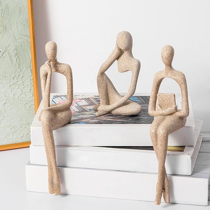 Prettidecor Sandstone Decor Thinker Statue Accents, Set of 3 Thinker Sculptures Office Decor Abstract Resin Decoration on Shelf Table Desk for Living Room Office Bedroom Bookshelf Decor (Large)