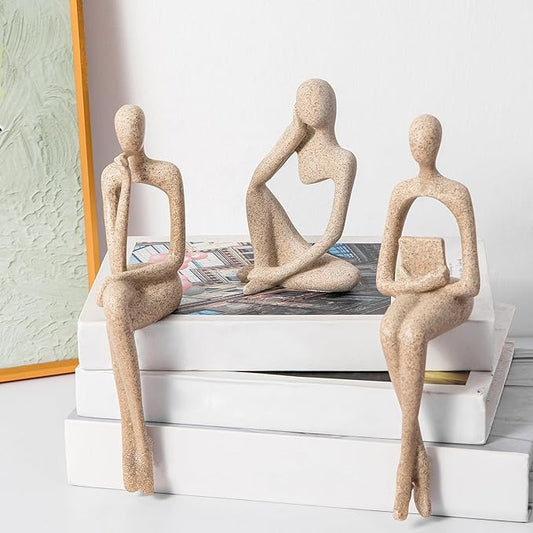 Prettidecor Sandstone Decor Thinker Statue Accents, Set of 3 Thinker Sculptures Office Decor Abstract Resin Decoration on Shelf Table Desk for Living Room Office Bedroom Bookshelf Decor (Large)