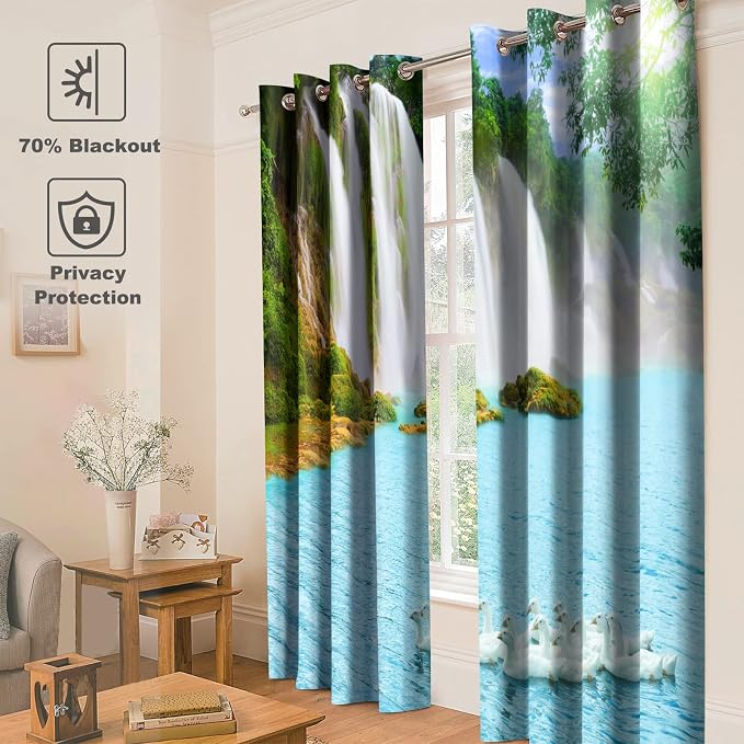 Jekeno Nature Waterfall Blackout Curtains for Bedroom Living Room Natural Mountains Waterfall Lakes Swan Trees Print Blocking Curtain Drapes Decor Home Grommet Window Treatment 2 Panel Set, 42"x63"