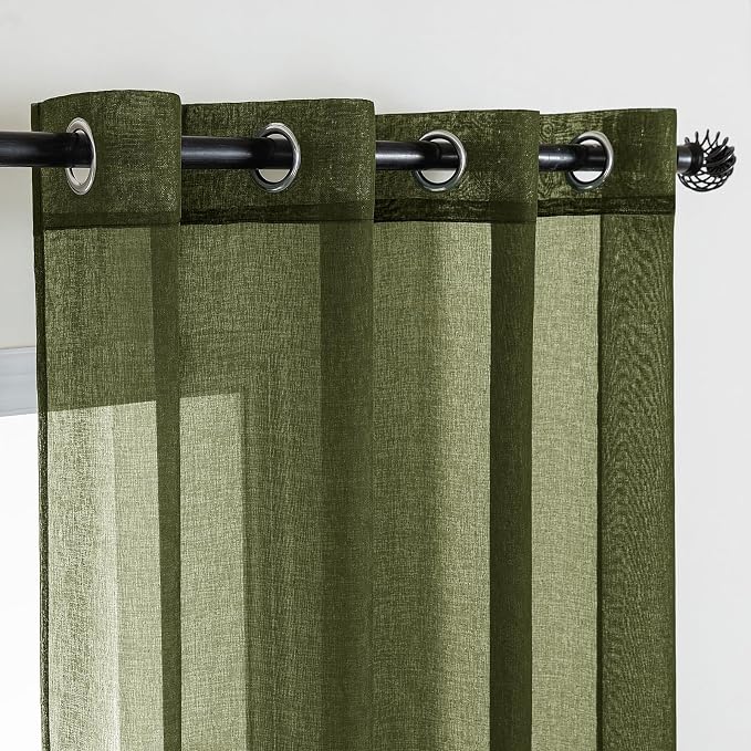 MIULEE 2 Panels Olive Green Semi Sheer Window Curtains Elegant Grommet Top Window Voile Drapes/Treatment Linen Textured Dark Green Panels for Bedroom Living Room (54X72 Inches)
