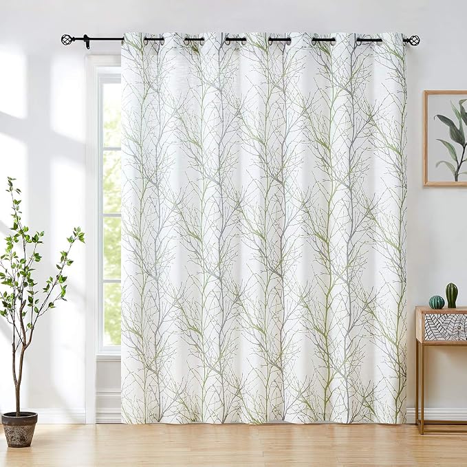 FMFUNCTEX Green White Sliding Glass Door Curtain 84 Inches Long Grey Branch Print Patio Door Panel Tree Semi Sheer Curtains Linen Window Drapes 100 inch Wide Room Divider Curtains 1 Panel Grommet Top
