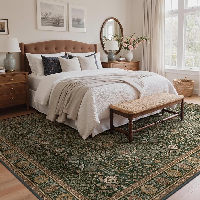 Bavni Washable Rugs 10x12-Machine Washable Rug Lightweight Low Pile, Vintage Floral Rug Non-Shedding Distressed Throw Carpet for Living Room Bedroom Office, Dark Green/Multi