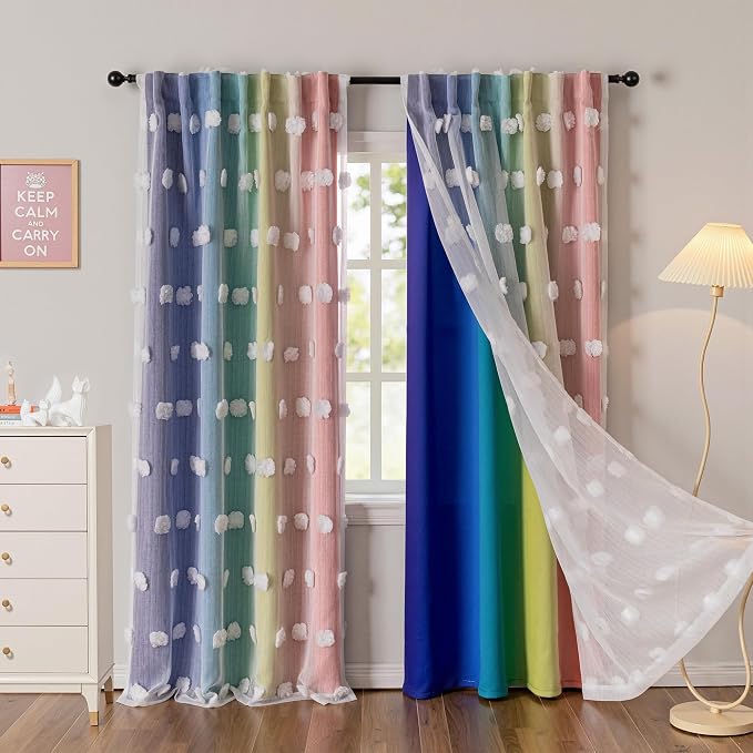 MYSKY HOME Rainbow Curtains 84 Inches Long Kids Blackout Curtain for Girls Bedroom Living Room with White Pom Pom Sheer Ombre Room Darkening Window Drapes Back Tab 52 x 84 in 2 Panels