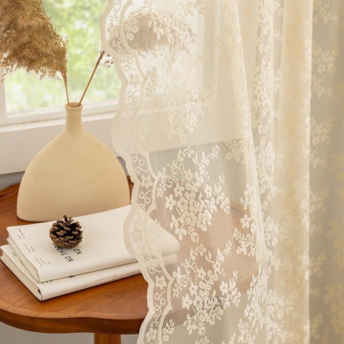 YJ YANJUN Vintage Lace Curtains 96 Inches Long-Victorian Floral Beige Sheer Curtains for Living Room Office Bedroom Light Filtering Embroidered Window Treatment Spring Summer Decor 8 FT 52Wx96L