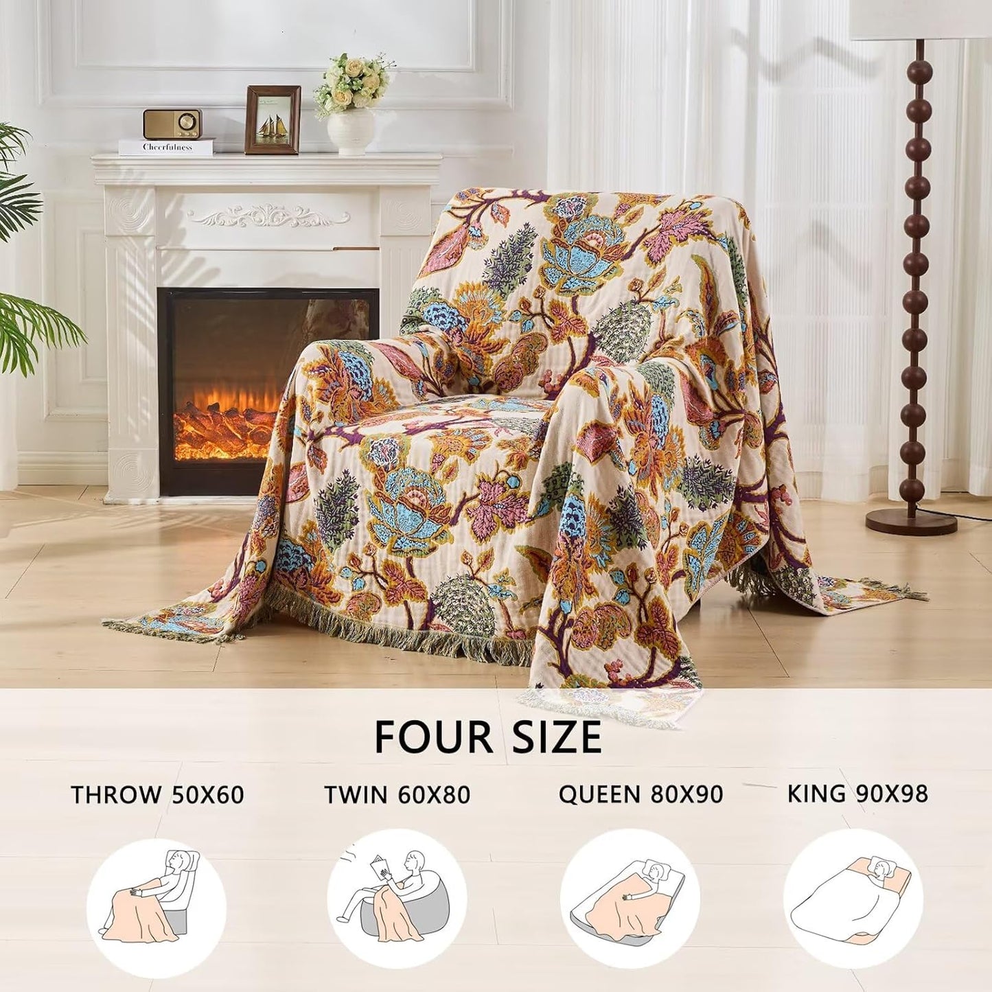 100% Cotton Summer Boho Throw Blanket, King Size Living Room Reversible Blanket, Boho Floral Bird Colorful Retro Quilt Ultra Soft Reversible Gauze Blanket for All Season, 90"x98"