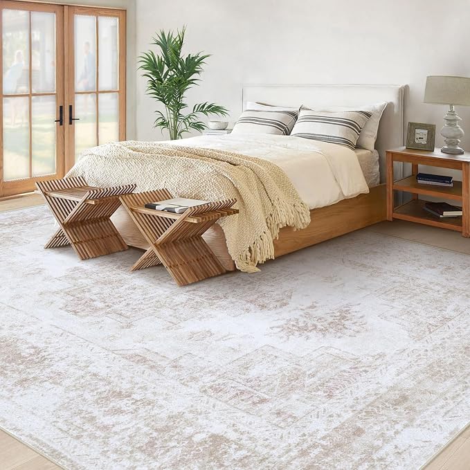 XLUEZ Area Rug 10x14 Living Room Rug, Machine Washable Vintage Distressed Medallion Rug Non-Slip Soft Low Pile Large Indoor Rugs for Bedroom Kitchen Dining Room Office(Beige,10'x14')
