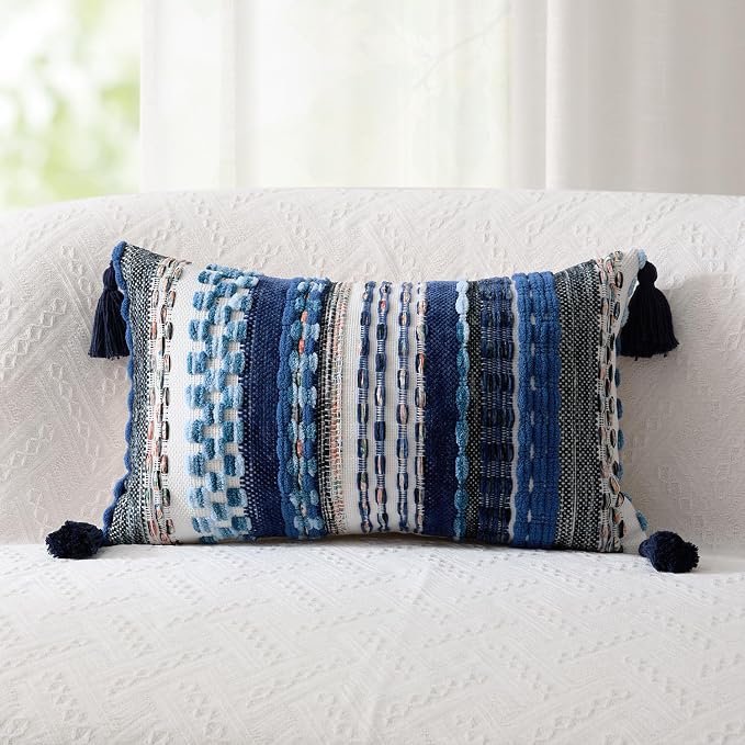 Kevin Textile 14x24 Inch Lumbar Throw Pillow Cover 1 Pack Boho Decorative Soft Chenille Thread Woven Tufted Textured Rectangle Cushion Case Farmhouse Accent for Living Room Couch Sofa Bed, Blue