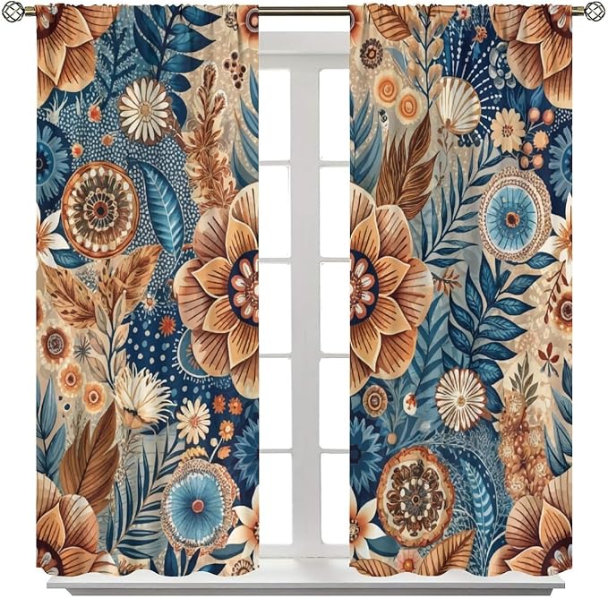 Bohemian-Style Floral Blackout Curtains, Suitable for Bedrooms and Living Rooms, Featuring A Vintage Botanical Pattern, Providing Insulation and Warmth, in Navy Blue and Brown63X72 Inch