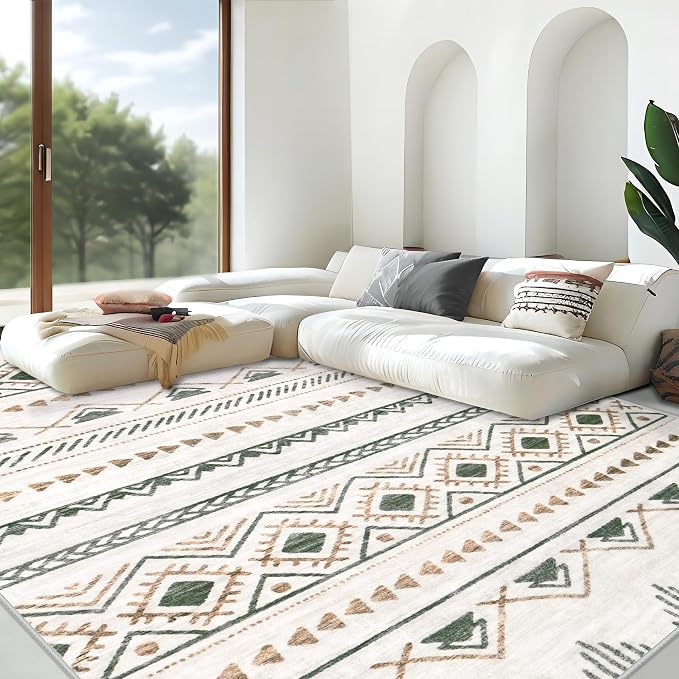 Area Rug Living Room Rugs 5x7 - Large Soft Boho Geometric Rugs, Non-Slip Foldable Washable Area Rug Non Shedding Morden Indoor Floor Carpet for Living Bedroom Office Dining Room(Brown Green,5'x7')