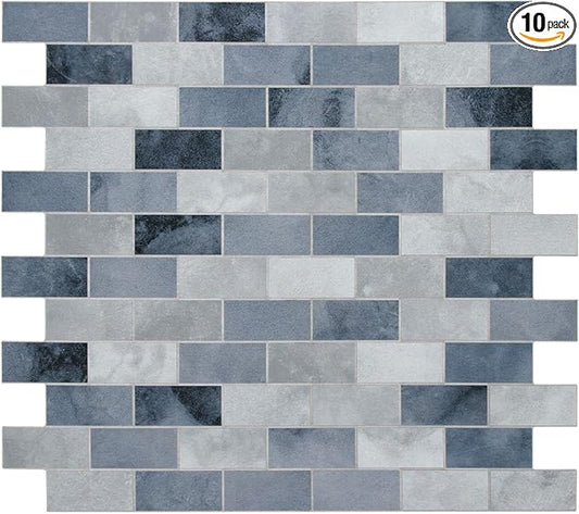 10-Sheet Subway Peel and Stick Backsplash Tile, 11.3" x 10.8" Blue Stone Composite Cement Looks Self Adhesive Waterproof Wall Tile, Stick on Tiles for Kitchen Bathroom Shower Fireplace