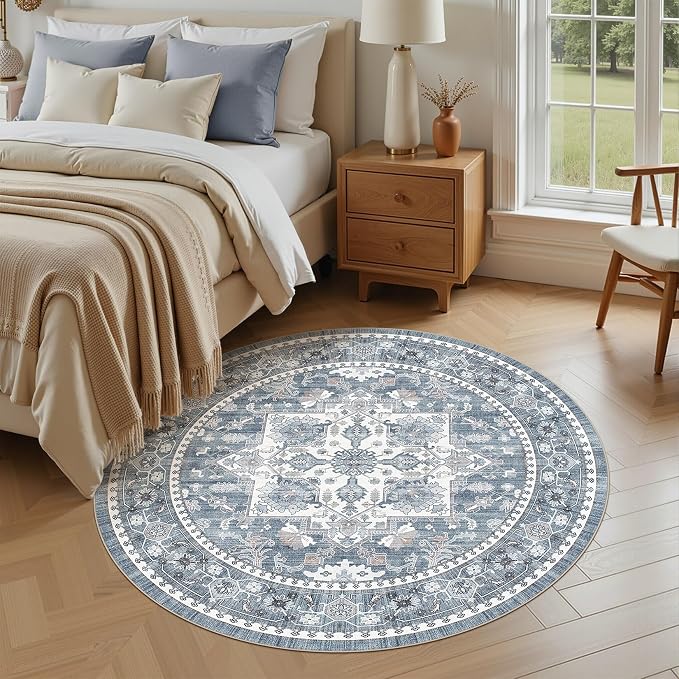 6ft Round Area Rug: Washable Vintage Neutral Soft Non Slip Thin Large Floor Carpet for Living Room Bedroom Kitchen Dining Room Home Office Farmhouse Indoor - Blue