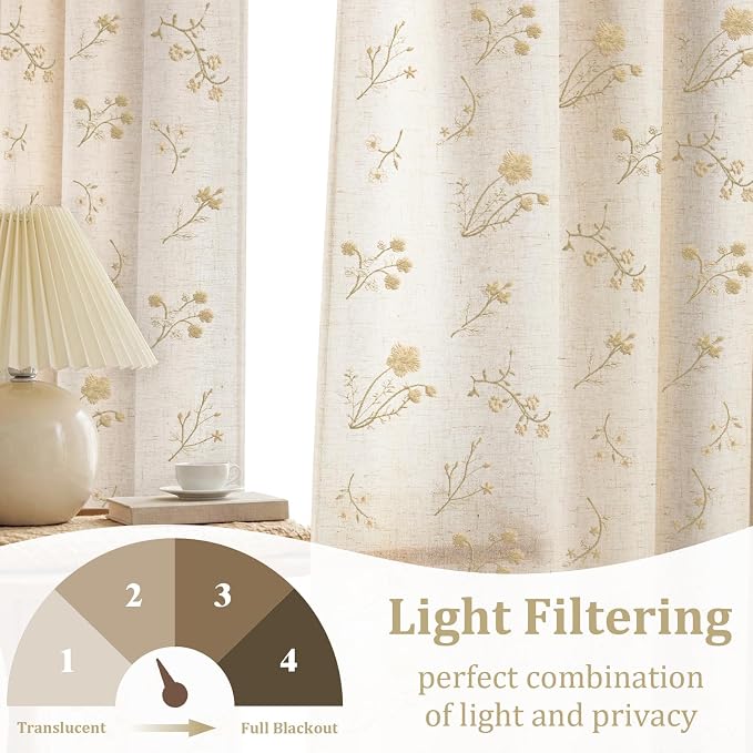 Beige Floral Embroidered Linen Blend Curtains for Bedroom, 84 Inch Light Filtering Spring Farmhouse Vintage Drapes for Living Room Rod Pocket, Set of 2 Panels