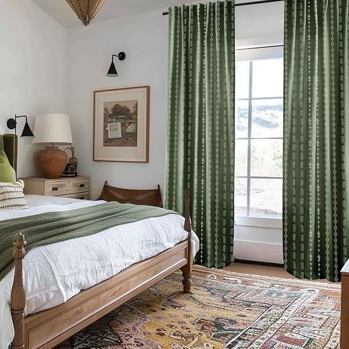 Olive Green Sheer Linen Boho Patterned Curtains 96 Inches Long 2 Panel Set for Living Room