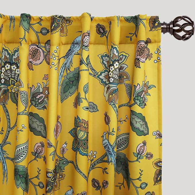 Mustard Yellow Vintage Whimsical Floral Curtains, Retro Mid Century Modern Patterned Blackout Curtain, Fun Hummingbird Boho Funky Curtains for Living Room Bedroom, 96 Inches Long 2 Panels Set