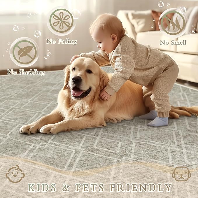 Area Rugs 9x12 Living Room Rug: Washable Geometric Moroccan Neutral Rugs Boho Modern Non Slip Area Rug Large Soft Indoor Floor Low Pile Carpet for Bedroom Dining Room Home Office (Brown, 9'x12')