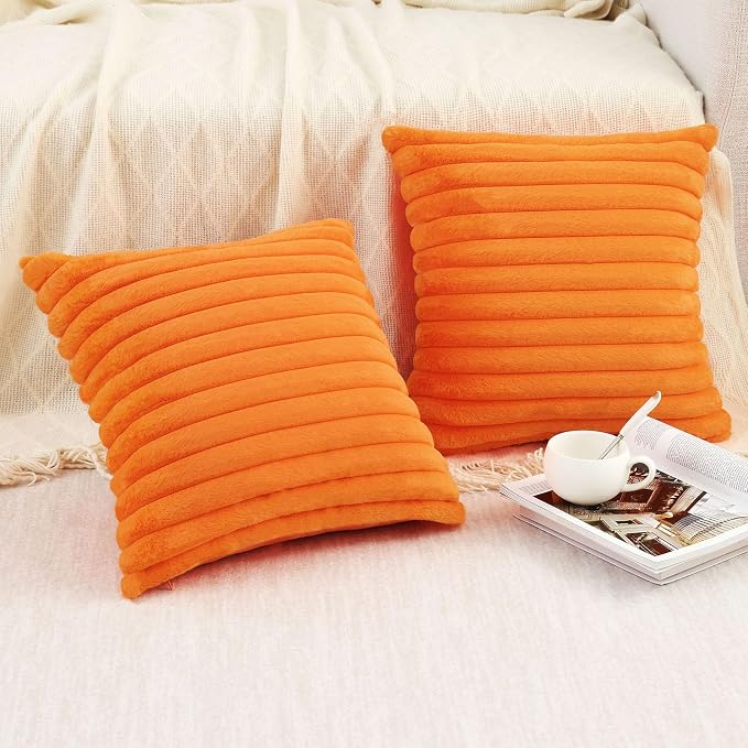 Pallene Faux Fur Plush Fall Throw Pillow Covers 16x16 Set of 2, Luxury Soft Fluffy Striped Decorative Pillow Covers for Sofa, Couch, Living Room, Burnt Orange