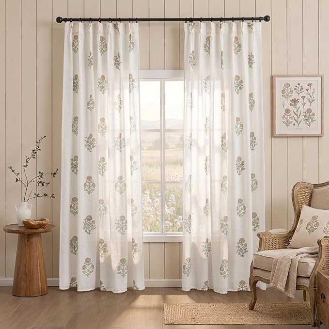 French Country Floral Linen Curtains for Living Room Dining Room, 84 Inch Neutral Farmhouse Pinch Pleated Drapes, Light Filtering Sheer Block Print Vintage Botanical Patterned Curtain for Bedroom