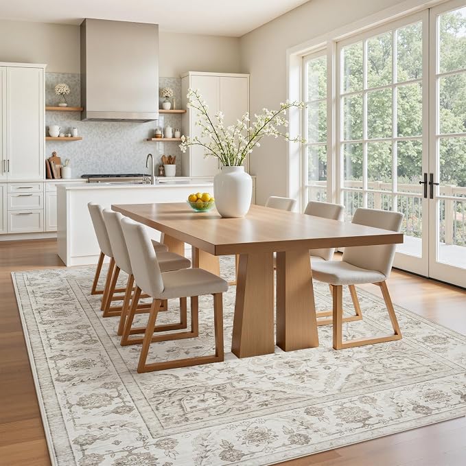 5x7 Area Rugs for Living Room:Beige Washable Vintage Medallion Carpet Non-Slip Soft Low Pile Large Rugs Indoor Retro Rug for Bedroom Nursery Dining Table Office Home(Beige White 5'x7')
