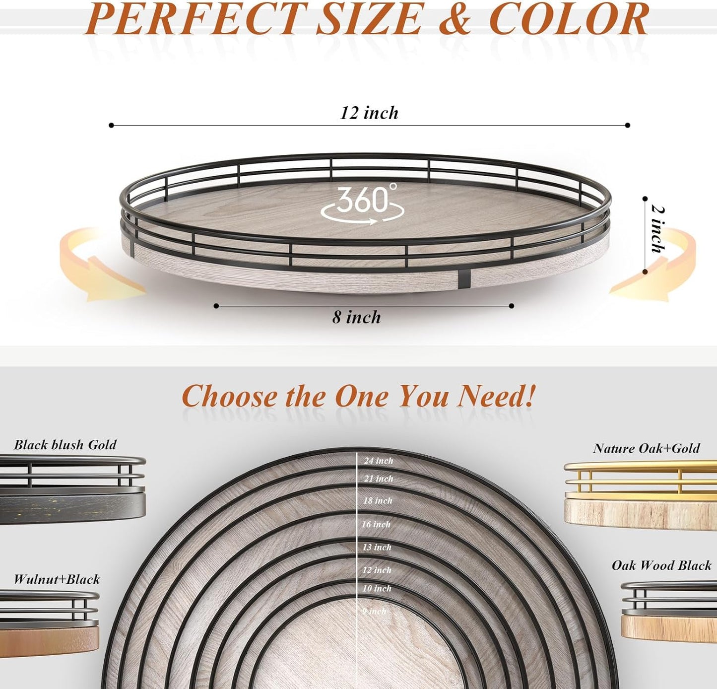 12" Farmhouse Lazy Susan for Kitchen & Coffee Table Decor – Rustic Wood Tray with Black Metal Frame, Decorative Centerpiece for Dining Room, Ottoman, Living Room, Serving or Vanity Use