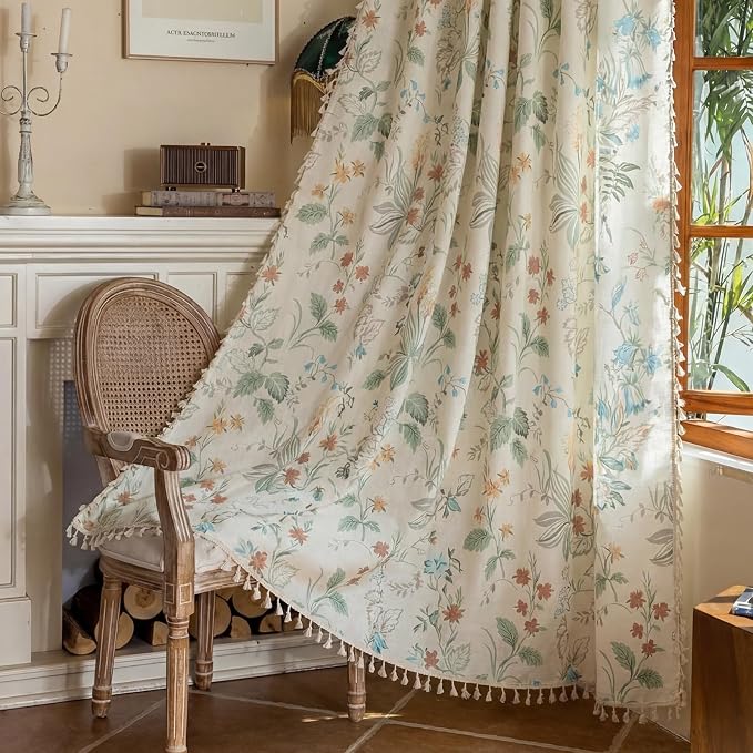OYX Boho Floral Curtains 63 Inch, Linen Farmhouse Flower Drapes with Lace & Tassels, Light Filtering Semi Sheer Curtains for Living Room Bedroom, 2 Panels