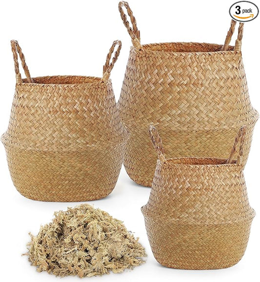 Knitgrip Large Wicker Plant Basket with Handle 10 Inch Woven Seagrass Belly Basket and Artificial Moss for House Plants Picnic Grocery Laundry Storage Home Decor(Small, Medium, Large,Original,3 Pack)
