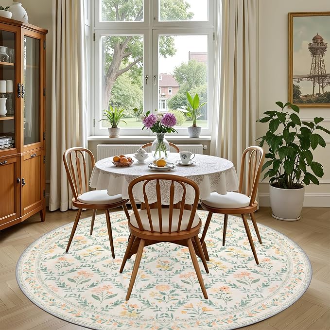 Round Area Rug for Living Room: 6 ft Floral Washable Circle Rug Soft Non-Slip Carpet Indoor Stain Resistant Low Pile Small Circular Rug for Bedroom Entryway Kitchen Nursery Home Office Beige/Multi