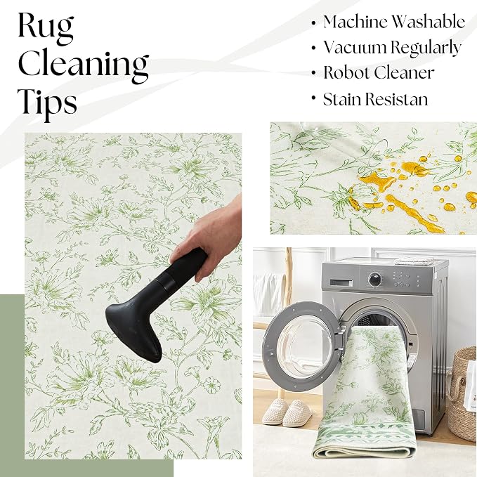 Sage Green Rugs for Bedroom 7x9 Area Rug for Living Room Machine Washable Light Green Cream Beige Printed Non-Slip Vintage Floral Distressed Indoor Boho Farmhouse Carpet for Dining Room Nursery