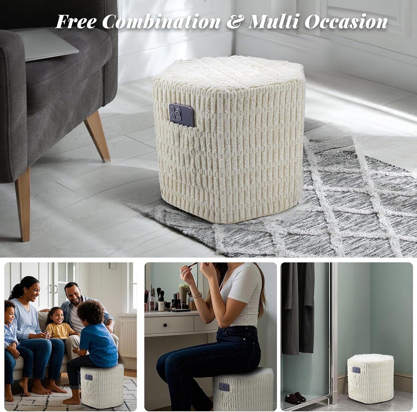 Hexagon Pouf Ottoman Stuffed with 2 Pockets & Handle, Comfort Corduroy Poufs, Non-Slip Foot Stool Storage Ottoman, Foam Floor Poufs Foot Rest for Couch, Bedroom (Beige)