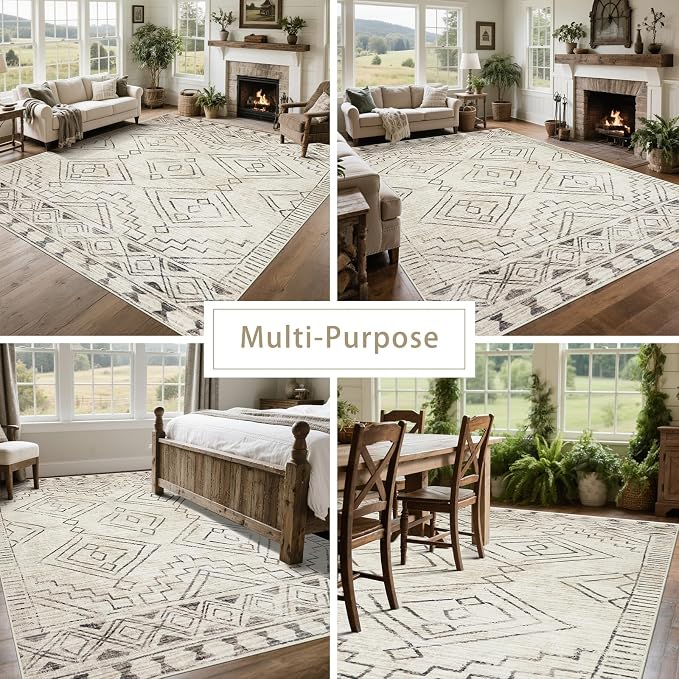 Srugn Washable Rugs 8x10 Area Rugs for Living Room,Bedroom,Dining Room- Large Ultra Soft Faux Wool Retro Carpet,Non Slip&Non-Shedding Low Pile Morocco Rug for Farmhouse Home Office Dorm(Beige-Brown)