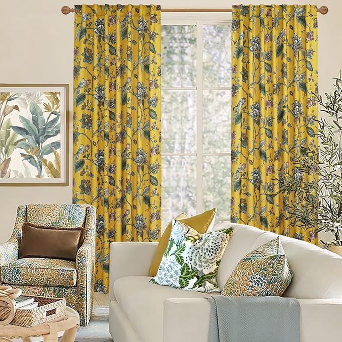 Mustard Yellow Vintage Whimsical Floral Curtains, Retro Mid Century Modern Patterned Blackout Curtain, Fun Hummingbird Boho Funky Curtains for Living Room Bedroom, 96 Inches Long 2 Panels Set
