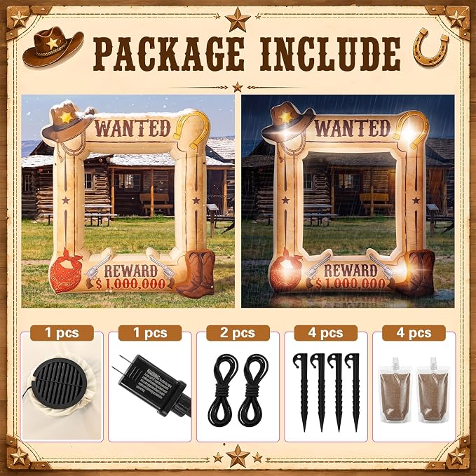 Soulchen 6 x 5 ft Western Wanted Inflatable Decoration with LED Lights and Built-in Blower Perfect for Cowboy Party Decor Western Themed Birthdays and Vintage Country Events