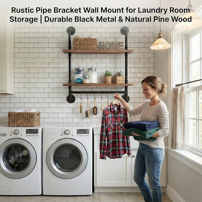 Industrial Pipe Shelving Bathroom Pipe Shelves with Towel Bar Over Toilet | 24 inch Pine Wood Floating Shelves for Wall Mounted Bedroom,Kitchen, Farmhouse, Living Room