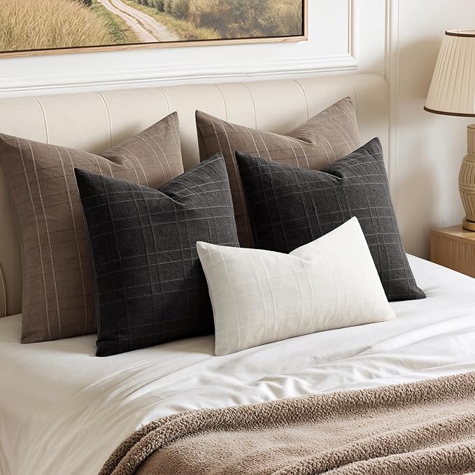MIULEE Decorative Linen Check Euro Shams Throw Pillow Covers Neutral Farmhouse Vintage Pillow Covers 22x22 Set of 2 Boho Modern Winter Home Decor for Sofa Couch Bedroom Cushion Brown