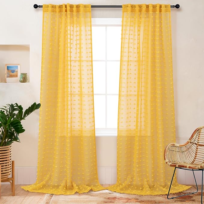 Mustard Yellow Sheer Curtains 84 Inch Length 2 Panels for Spring Living Dining Room Bedroom Boho Farmhouse Gold Semi Sheer Pom Poms Tufted Curtain 84 Inches Long for Nursery Girls Kids Room Back Tab