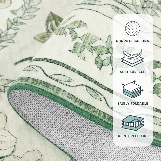 LIANLAM Checkered Rug 9x12 Area Rugs for Living Room - Stain Resistant & Non-Slip Backing Vintage Boho Floral Design Rug for Bedroom,Durable & Ultra-Thin Large Washable Area Rug(9x12,Green)