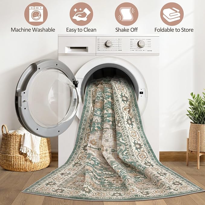 Runner Rug Kitchen Washable Rugs: 2x6 Non-Slip Abstract Soft Modern Stain Resistant Indoor Floor Neutral Accent Throw Carpet for Hallway Bathroom Laundry Room Entryway Bedroom- Green