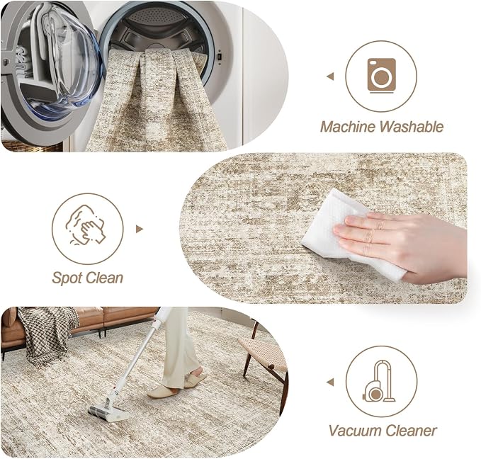 Soalmost Washable Area Rug 8x10, Large Soft Rugs for Living Room Vintage Area Rugs for Bedroom Dining Room Non-Slip Stain Resistant Brown Under Table Rug