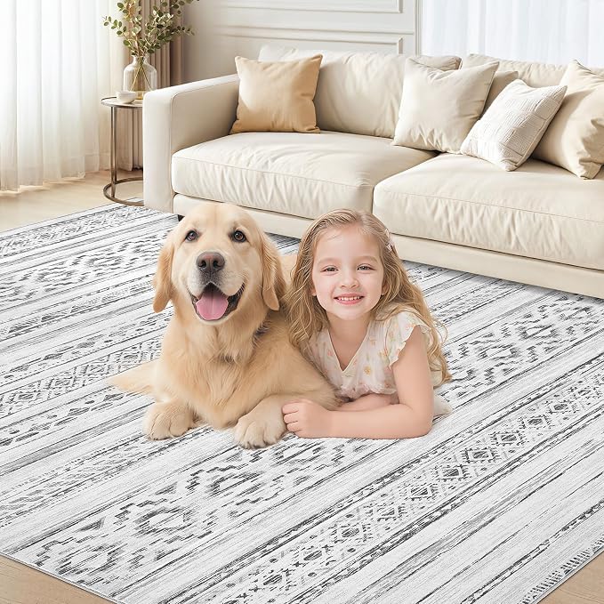 cotiled 8x10 Area Rugs Living Room Rug: Washable Boho Rugs with Non Slip Backing Large Soft Indoor Stain Resistant Carpet for Bedroom Farmhouse Dining Room Lightweight Home Decor Cream Grey