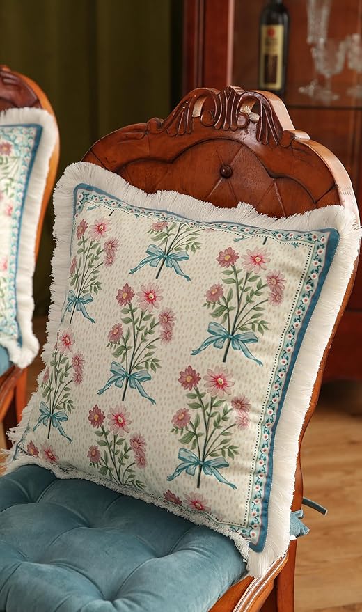 patdrea Designer French Country Velvet Throw Pillow Cover 18x18 inches,Elegant Blue Pink Small Floral Pattern,Decorative Square Pillowcases Cushion for Bed Living Room Outdoor Car