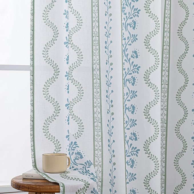 Teal Blue and Green Floral Curtains, English Country Classic Vintage Cottage Sheer Drapes for Bedroom Living Room 84 Inches Long