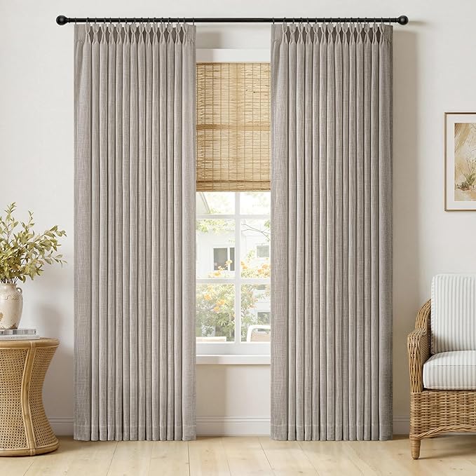 MIULEE Pinch Pleated Thick Linen Curtains 90 Inches Long 2 Panels for Living Room Bedroom, Linen Textured Memory Trained Pleat Drapes Back Tab Light Filtering Taupe Window Curtains with Hooks