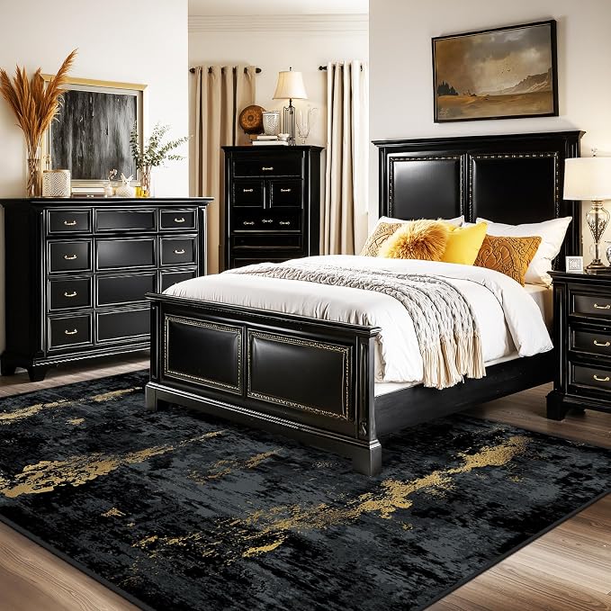 RELEANY Washable Area Rugs 5'x8' Non-Slip Modern Abstract Soft for Living Room Entryway Bedroom Kitchen, Print Pattern, Dark Black Gold