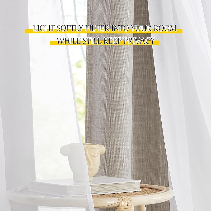 NICETOWN Dual Layers Grommet Top Mix and Match Faux Linen Curtains with White Sheer Voile for Living Room Bedroom, Kids Curtains for Nursery, 52x84 Inch Long, Set of 2 Panels, Angora