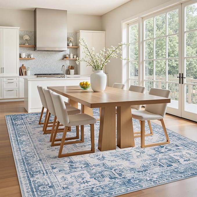 6x9 Area Rugs for Living Room:Blue Washable Vintage Medallion Boho Rug Non-Slip No Slip Stain Resistant Soft Low Pile Large Rugs Indoor Retro Carpet for Bedroom Nursery Dining Office (Blue Grey 6'x9')