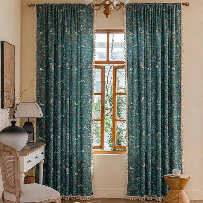OYX Boho Floral Curtains 84 Inch, Linen Farmhouse Flower Drapes with Lace & Tassels, Light Filtering Semi Sheer Curtains for Living Room Bedroom, 2 Panels