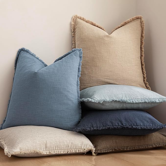 Foindtower Set of 2 Decorative Linen Fringe Throw Pillow Covers Cozy Boho Farmhouse Cushion Cover with Tassels Soft Accent Pillowcase for Couch Sofa Bed Living Room Home Decor, 26×26 Inch, Misty Blue