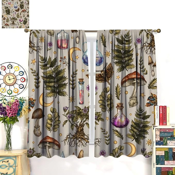 Vintage Mushroom Curtains, Gohtic Mystical Witch Magic Poison Rustic Forest Mushroom Plants Flowers Moth Blackout Window Curtains for Kitchen Bedroom Livingroom, 63" W X 63" L