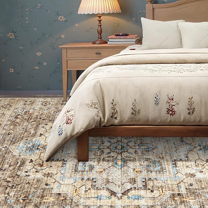 Area Rug 6x9 Vintage Rug: Washable Indoor Medallion Rugs Low Pile Distressed Floor Carpet Retro Accent Rug for Living Room Bedroom Kitchen Dining Table Home Office(Brown/Blue, 6'x9')